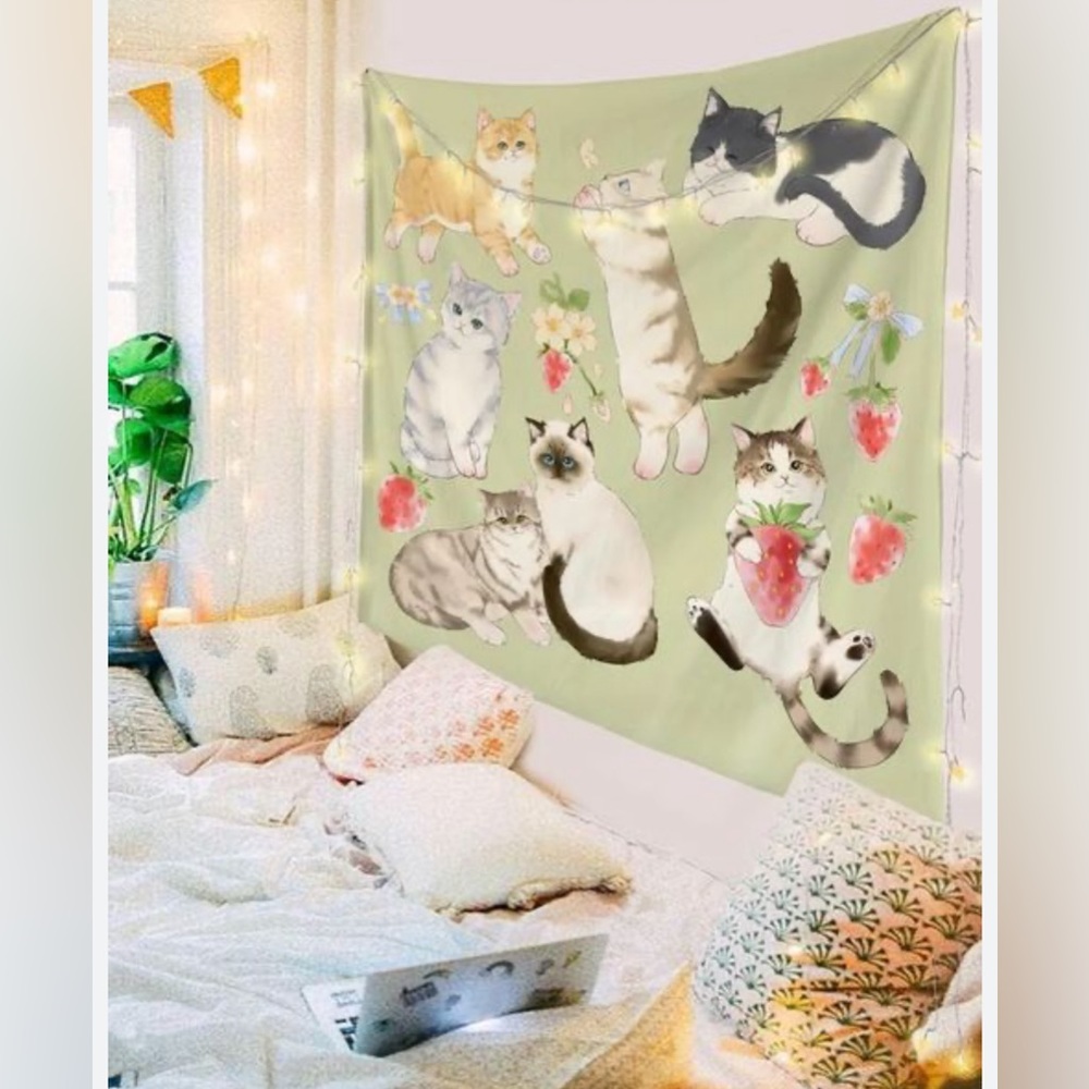 Large Cat And Strawberry Tapestry